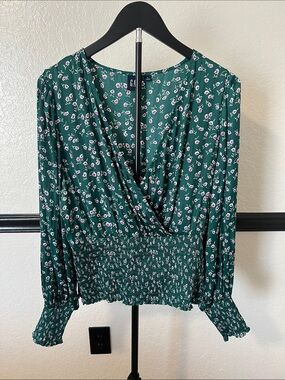 GAP Dark Green Floral Wrap-Front Smocked Waist Long Sleeve Top - Size L